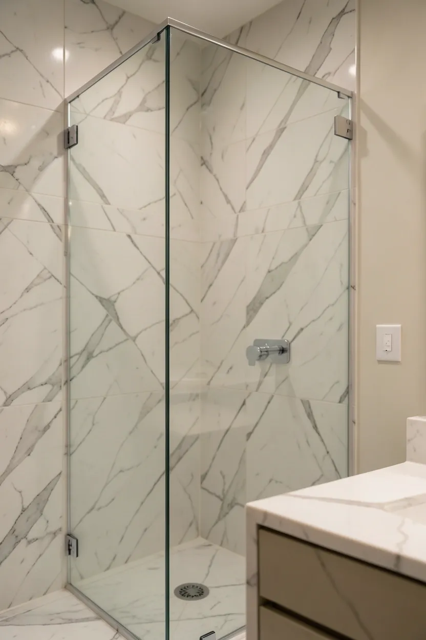 Frameless tempered glass shower enclosure with chrome pivot hinges revealing marble tiles inside — open spacious aesthetic bathroom idea