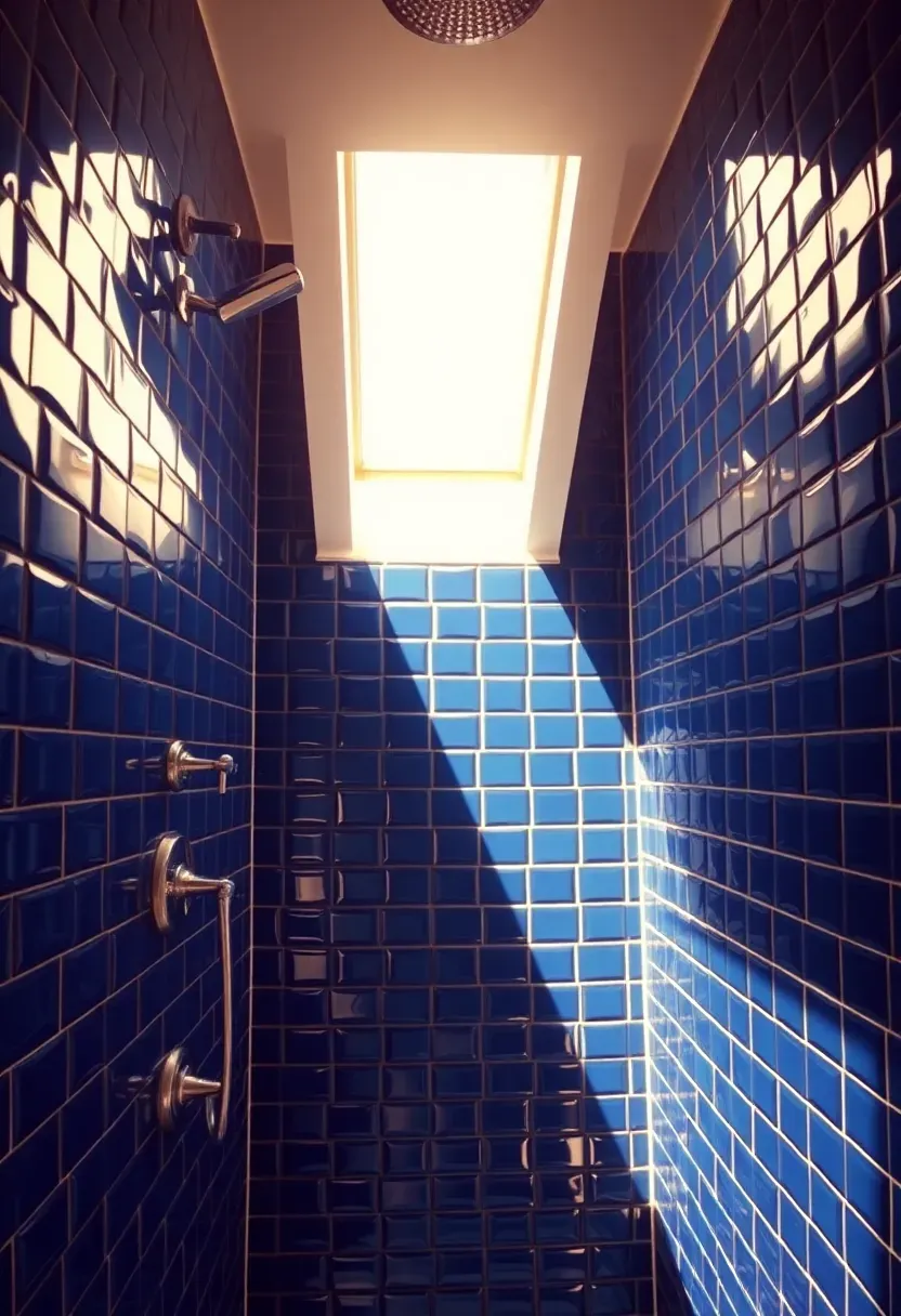 Shower enclosure with glossy deep blue glazed ceramic tiles reflecting light from a skylight above