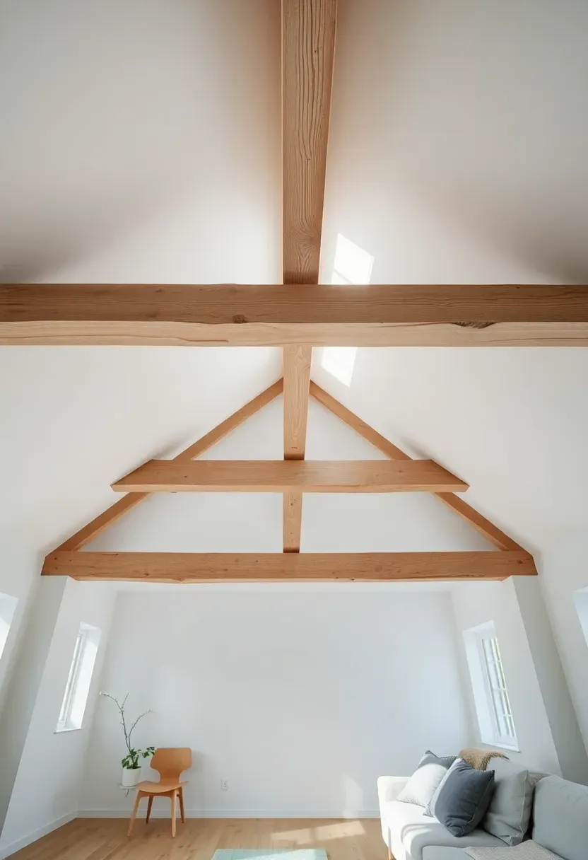 Hyper-realistic 3/4 view looking upward in a Nordic living room showing white-painted exposed wood beams crossing a white ceiling, with the room's furniture visible below—light wood floor, white walls, a sofa with pillows. Materials: painted structural timber beams with visible wood grain showing through white paint, smooth white ceiling, light oak floor, linen textiles. Natural daylight from windows illuminating ceiling and beams evenly. Architectural detail creating visual interest without darkening space. Clean contrast between beams and ceiling. Shallow depth of field emphasizing ceiling beams foreground with room context visible below. No text, no logos, no watermarks.</p>