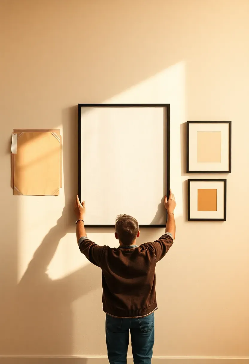 Gallery wall in progress with anchor print hung and three smaller frames being positioned around it, painter tape still visible on some