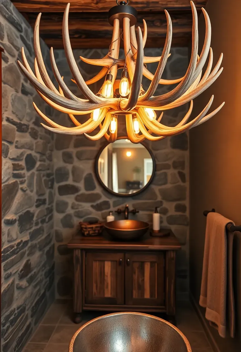 Natural shed antler chandelier with warm bulbs in a rustic lodge-style bathroom with stone accent wall