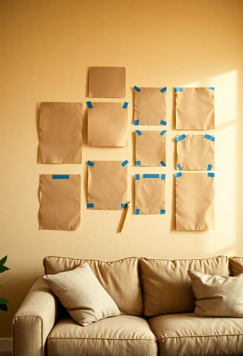 Paper templates taped to a living room wall in gallery configuration — different sized rectangles with pencil labels visible, painter's tape holding each one in place before hanging