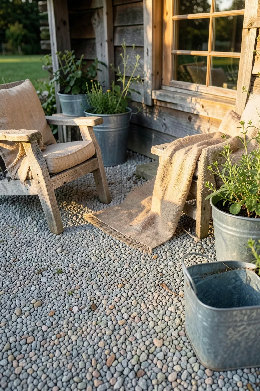 Pea Gravel Patio with Rustic Farmhouse Style