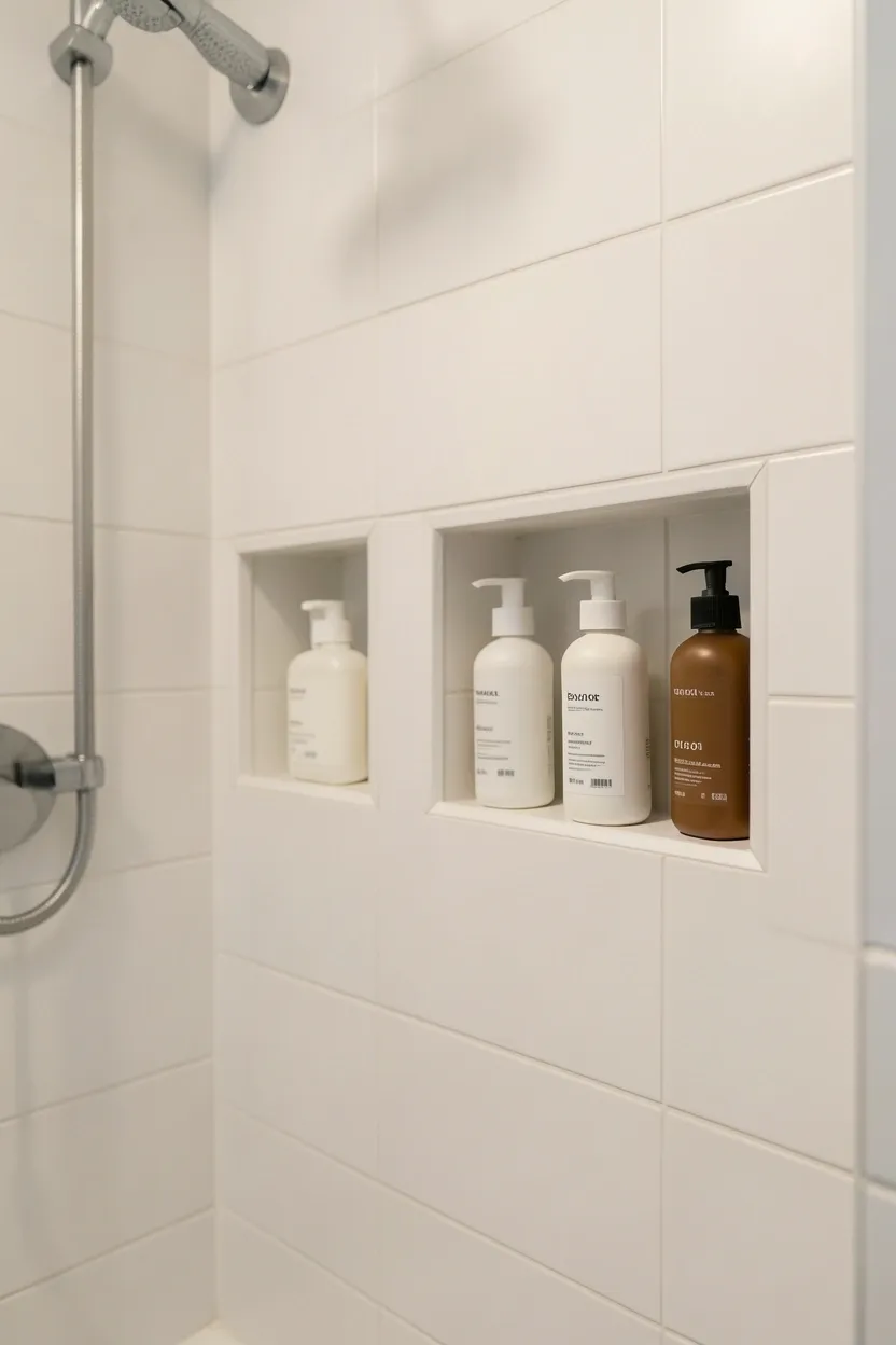 Two recessed white tile shower niches at different heights holding shampoo bottles in a clean minimalist shower