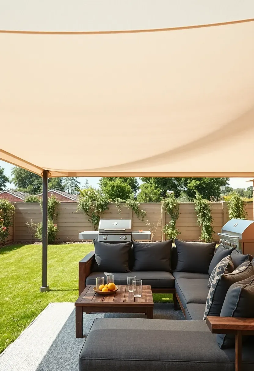 Large fabric canopy shade structure over a backyard BBQ area with a sectional sofa, low coffee table, and a grill station visible in the background