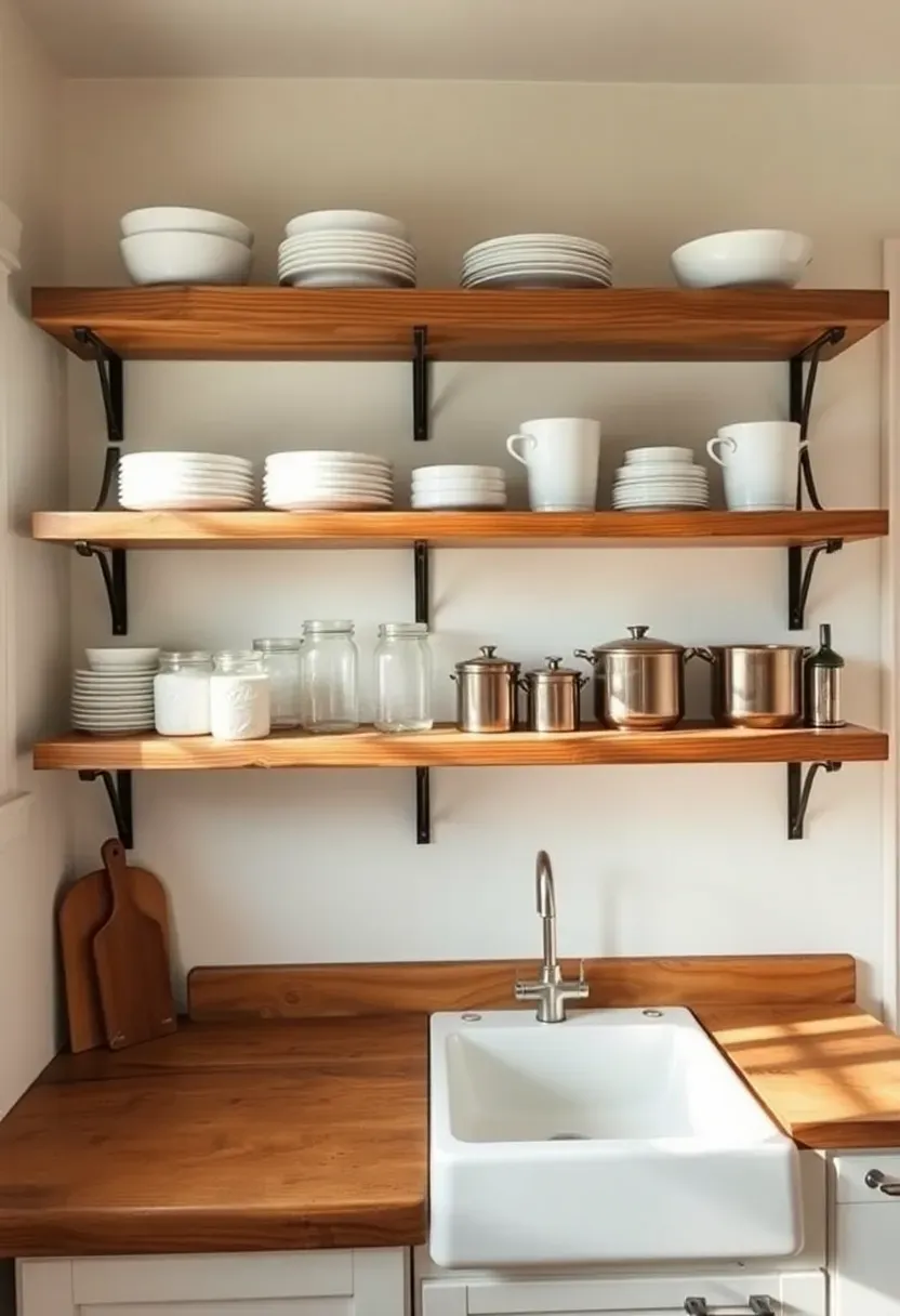 Hyper-realistic straight-on view of rustic tiny house kitchen with open shelving. Rough-sawn oak shelves (10 inches deep) on iron brackets, displaying white dishes, mason jars, copper pots. Below: farmhouse sink, butcher block counter. Walls painted cream. Materials: reclaimed oak shelves, wrought iron brackets, white dishes, copper accents, cream walls. Natural light from window, highlighting shelf wood grain and displayed items. Shallow depth of field showing shelf details and dish textures. Rustic kitchen charm mood.</p>