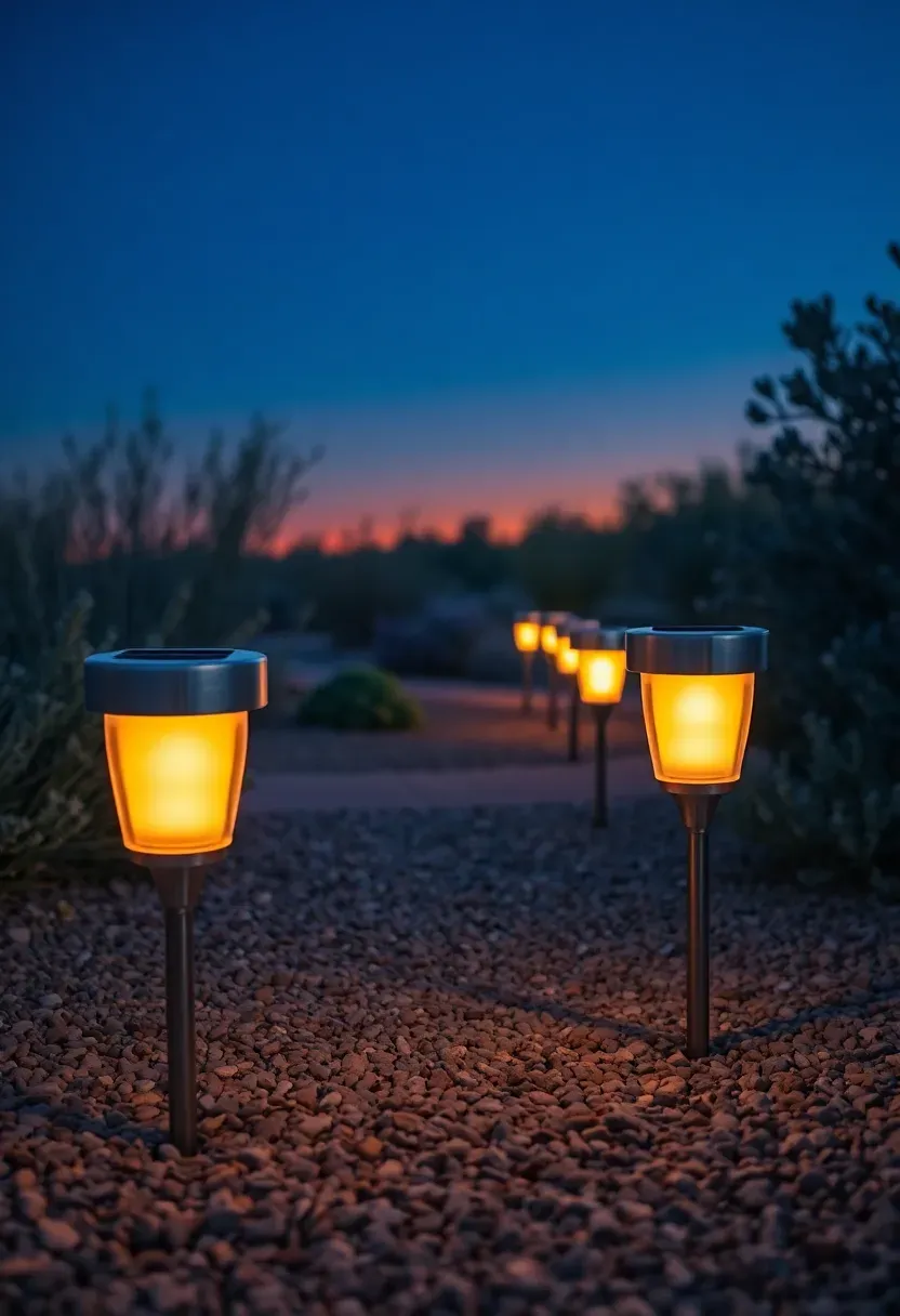 Solar-powered landscape path lights illuminating a gravel walkway through an Arizona desert garden at twilight with warm amber glow