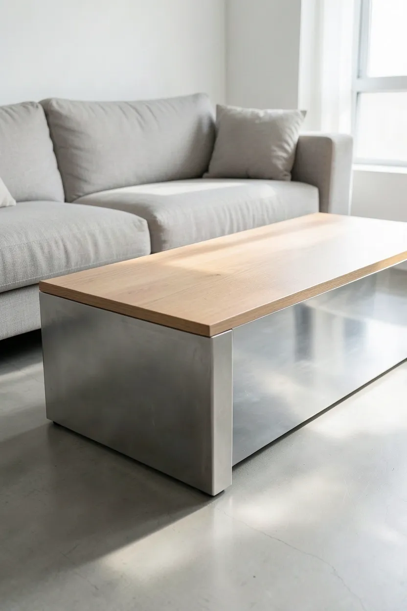 Low round light wood coffee table keeping sightlines open in a small Scandinavian apartment living room