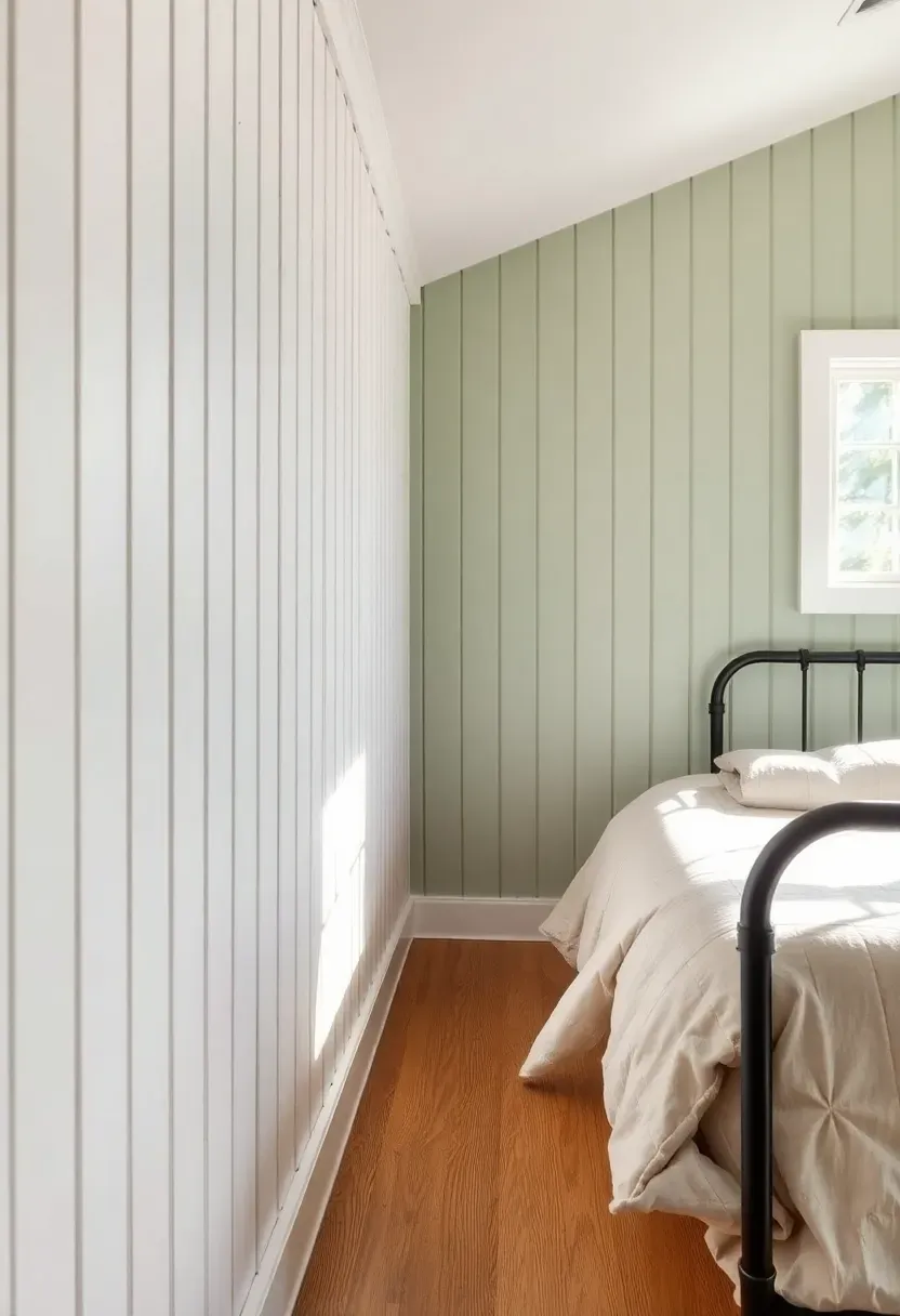 Hyper-realistic straight-on view of board-and-batten walls in rustic tiny house bedroom. Vertical white-painted boards (6 inches wide) with 2-inch battens, covering lower 48 inches of walls. Upper walls painted soft sage green. Materials: painted pine boards, wood battens, wide-plank oak floor, iron bed frame. Natural light from window creating shadows that highlight board-and-batten depth. Shallow depth of field showing batten details and shadow lines. Classic farmhouse bedroom mood.</p>