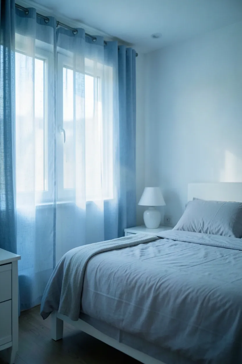 Hyper-realistic eye-level photograph of a bedroom with misty blue sheer curtains filtering light through large window. White walls, light gray bedding on queen bed, white nightstand with table lamp, morning light creating soft blue glow in room. Materials: sheer blue fabric curtains, white walls, cotton gray bedding, white ceramic lamp base. Soft morning light with blue tint, ethereal peaceful atmosphere. Shallow depth of field, sharp details on curtain fabric texture, balanced composition showing window and bed. No text, no logos, no watermarks.</p>