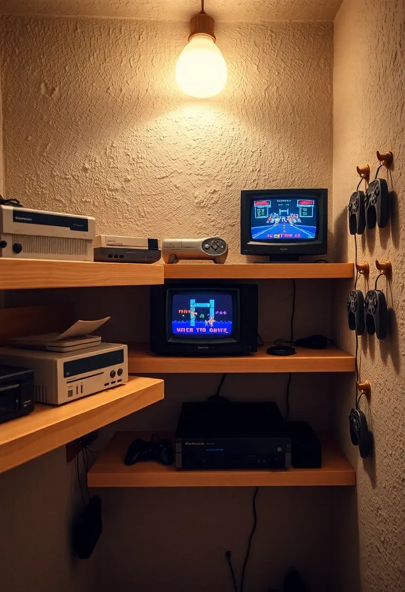 basement display of retro gaming consoles on shelving with CRT television and vintage controllers