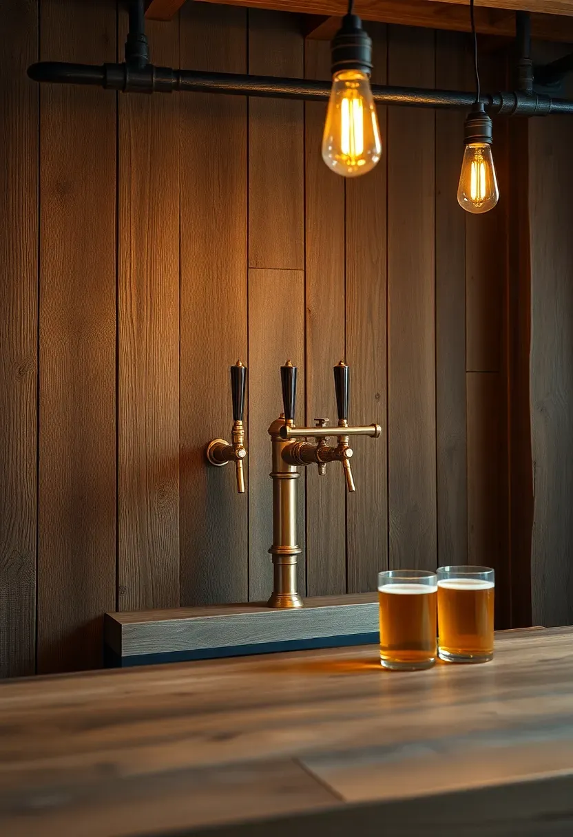 reclaimed barnwood basement bar with copper tap handles and vintage pendant lights hanging above rough-hewn countertop