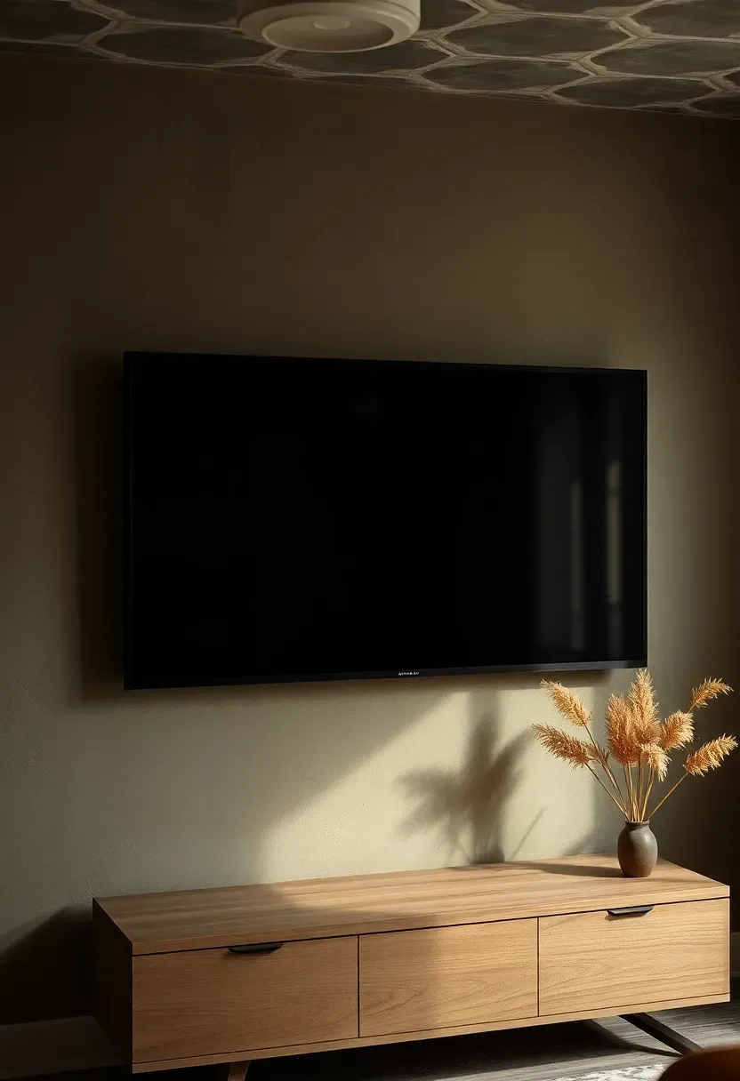 Basement TV wall with moody limewash paint in a dark warm olive tone and a mounted screen with minimal surrounding decor