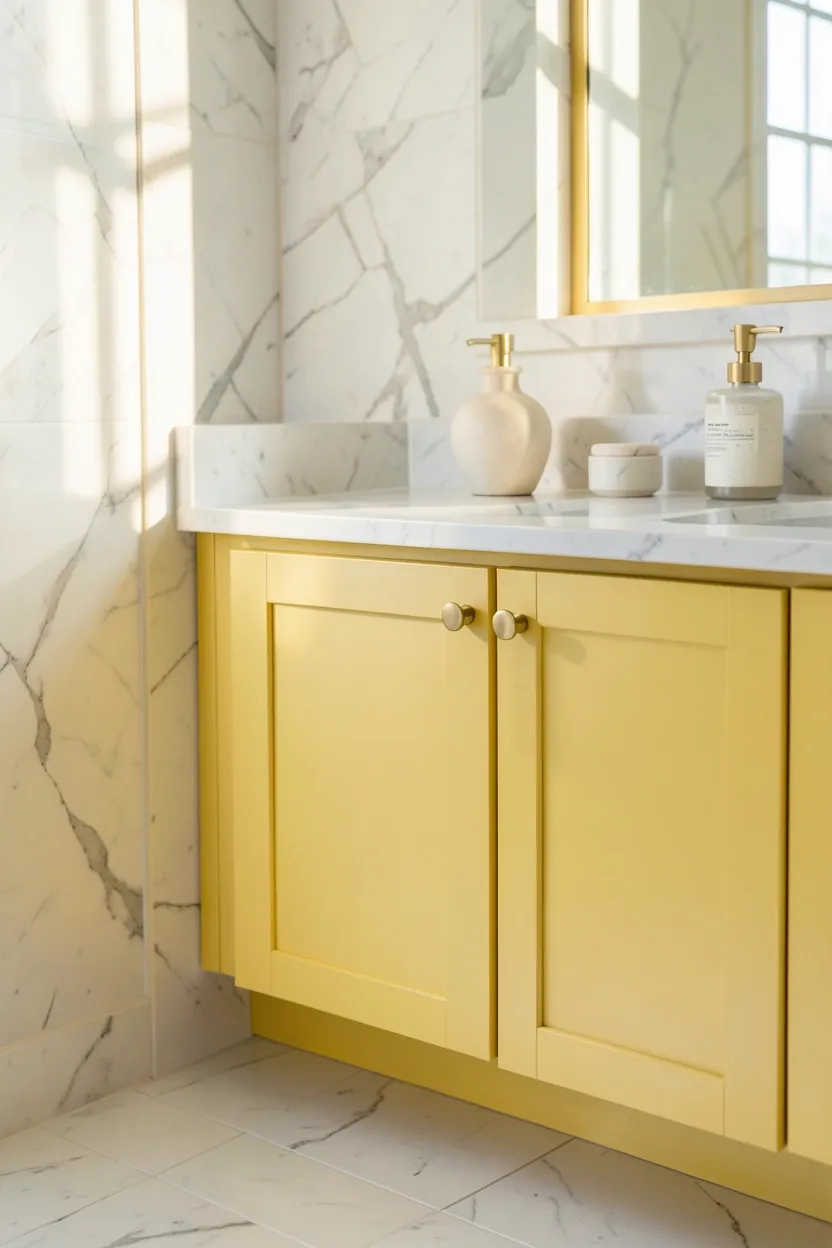 Playful bathroom with sunshine yellow vanity accents, white marble countertop, and brass fixtures