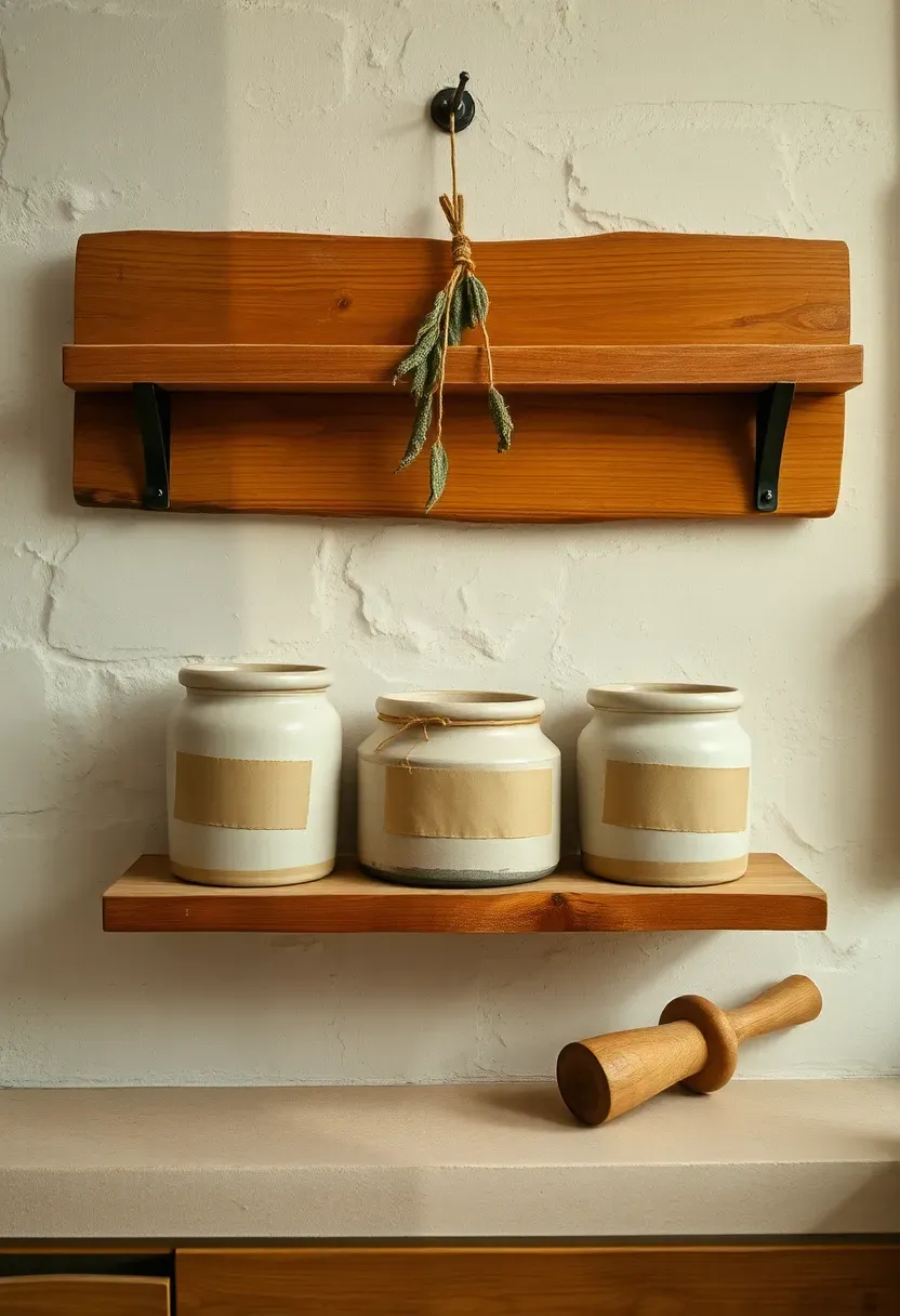 Rustic medicinal herb wall shelf on whitewashed stone — rough pine plank with stoneware crocks sealed with parchment, dried sage hanging above, and a worn wooden pestle