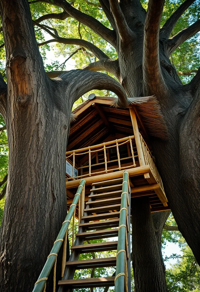 Elevated treehouse-style tiki bar built around a large tree trunk with a bamboo railing and thatched roof accessed by wooden steps