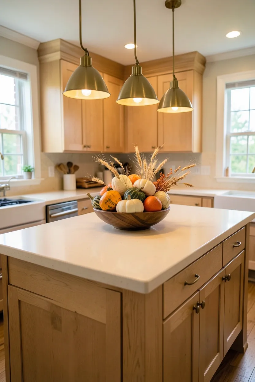 Hyper-realistic wide shot of a fall kitchen with autumn centerpiece on island. Large rectangular island in light oak with waterfall edge. Center of island features wooden bowl overflowing with gourds, mini pumpkins in orange and cream, and small dried wheat stalks. Warm cream quartz countertop visible around centerpiece. Light oak shaker cabinetry throughout. Brass hardware. Three brass pendant lights over island. Warm ambient lighting. Natural light from windows. Clean functional workspace around island. No text, no logos, no watermarks.</p>
