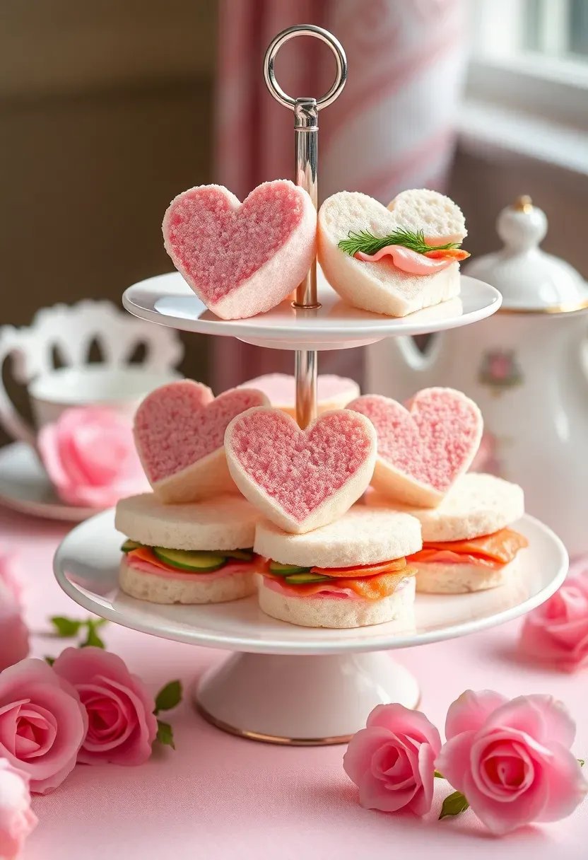 heart-shaped finger sandwiches with pink fillings arranged on a three-tier afternoon tea stand for a baby shower