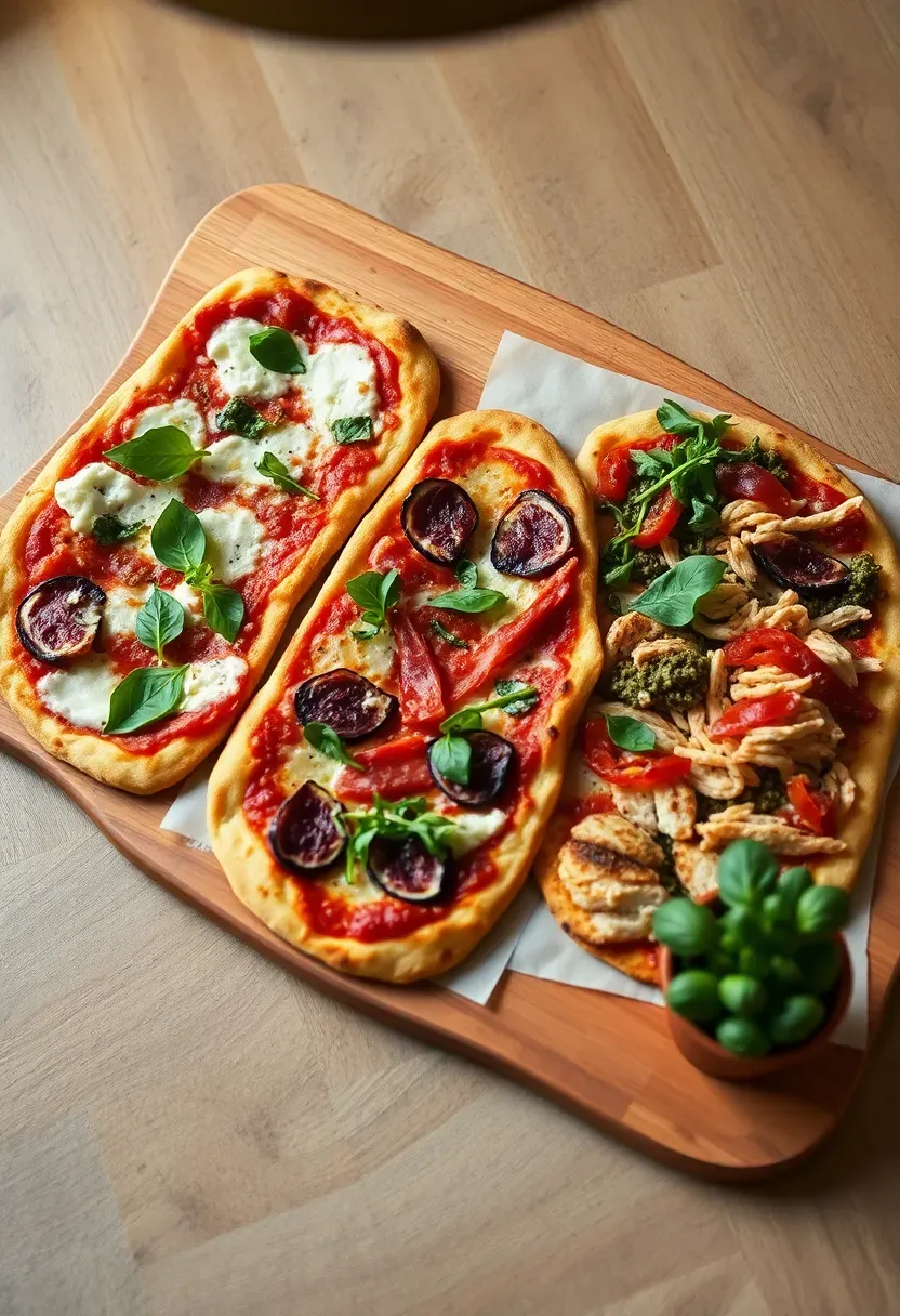 flatbread pizza board for a baby shower with assorted rectangular flatbreads topped with margherita, fig and prosciutto, and pesto chicken, sliced into strips on a wooden board
