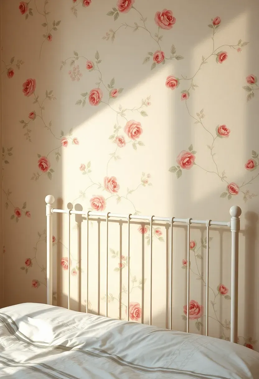Soft vintage floral wallpaper feature wall in muted pastels behind a bed — using removable peel-and-stick panels for renter-friendly installation