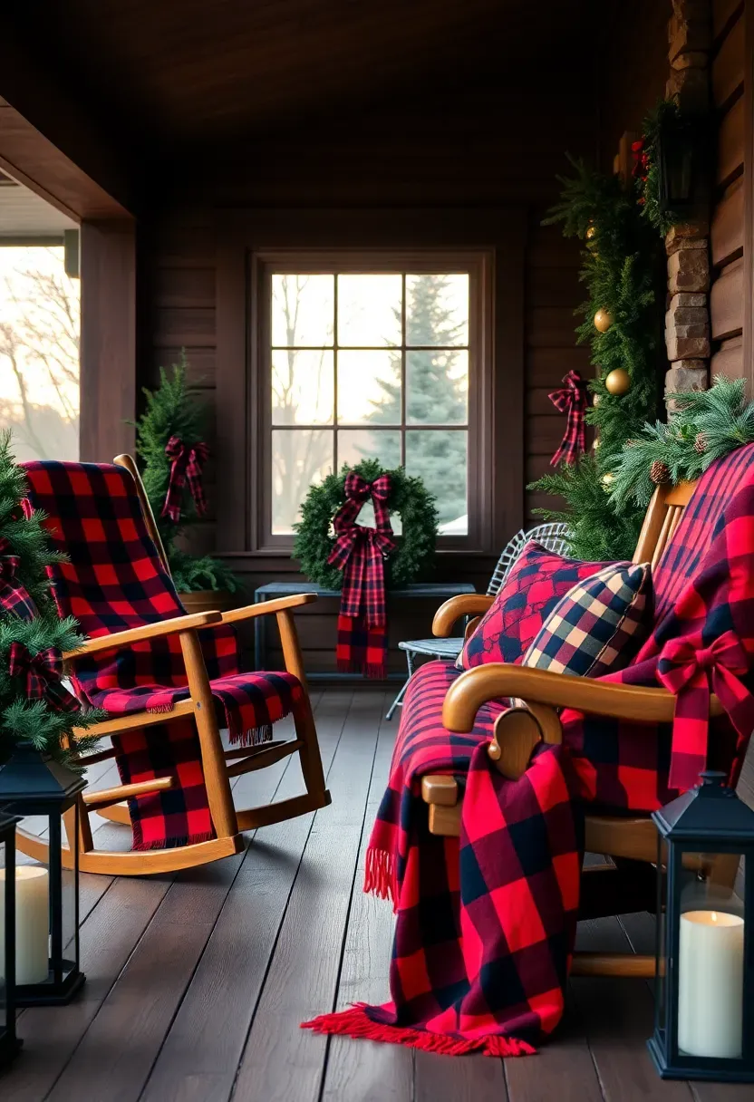 Hyper-realistic 3/4 view of a plaid blanket front porch Christmas display. Materials: red and black buffalo plaid wool blankets draped over wooden rocking chairs and bench, plaid throw pillows in red and navy tartan patterns, coordinating plaid ribbon bows on wreath and planters, fresh pine garlands, black lanterns with warm white candles. Warm sunset light (4000K), wood plank porch floor, log cabin exterior with stone chimney. Rustic cozy mood like lodge holiday decor. Shallow depth of field, sharp details on plaid weave textures, pattern-focused composition. No text, no logos, no watermarks.</p>