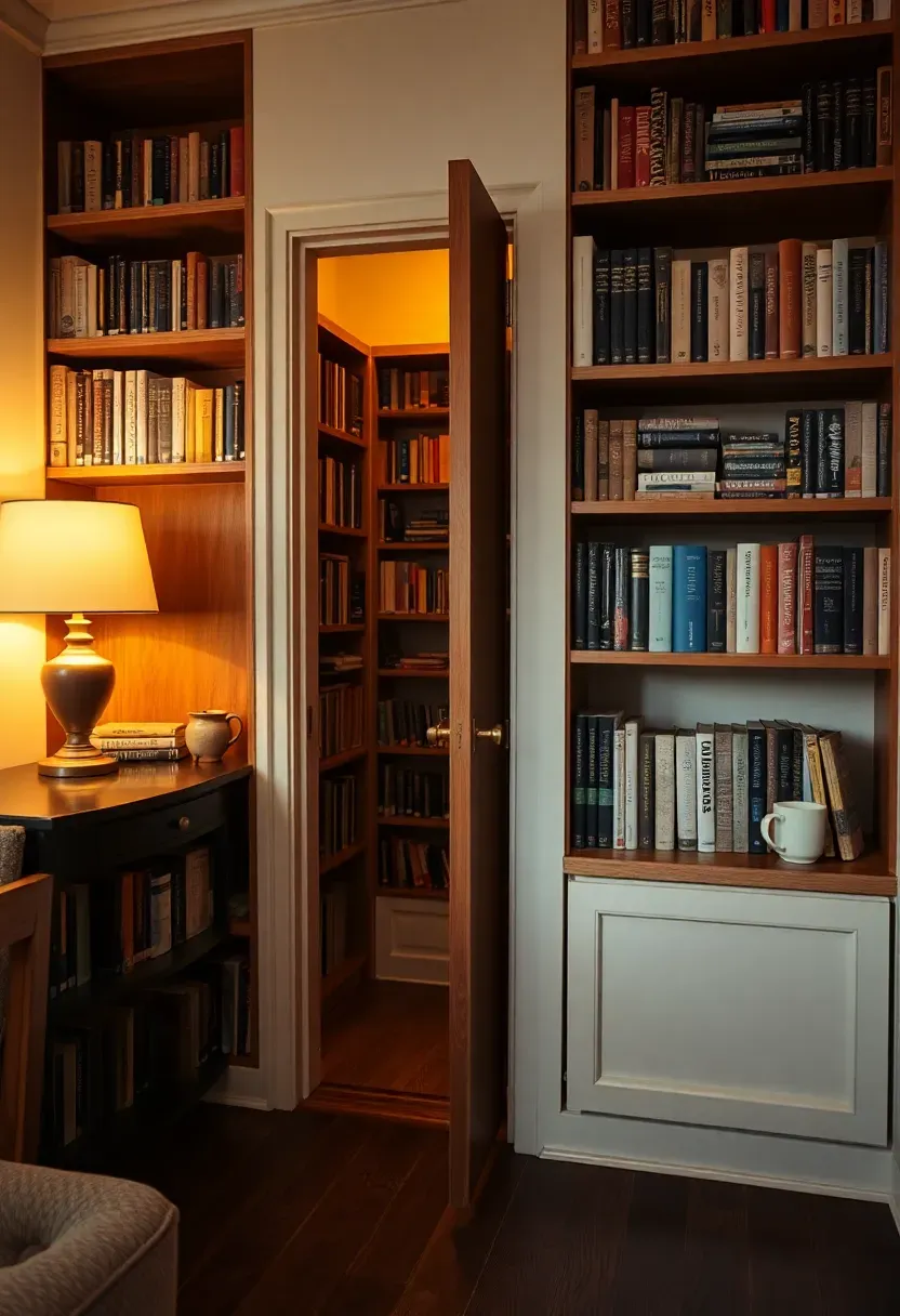 A built-in bookshelf door concealing a basement entrance in a home library with warm wood shelves and ambient lighting