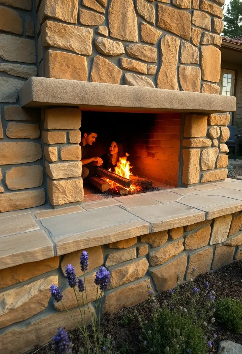 A flagstone outdoor fireplace with a raised stone hearth seating ledge in front of the firebox on a landscaped patio