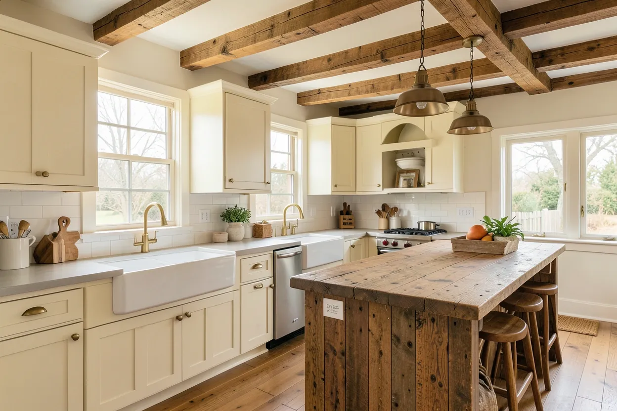 Bright old farmhouse kitchen with white shaker cabinets, butcher block countertops, apron-front sink, and open wood shelving