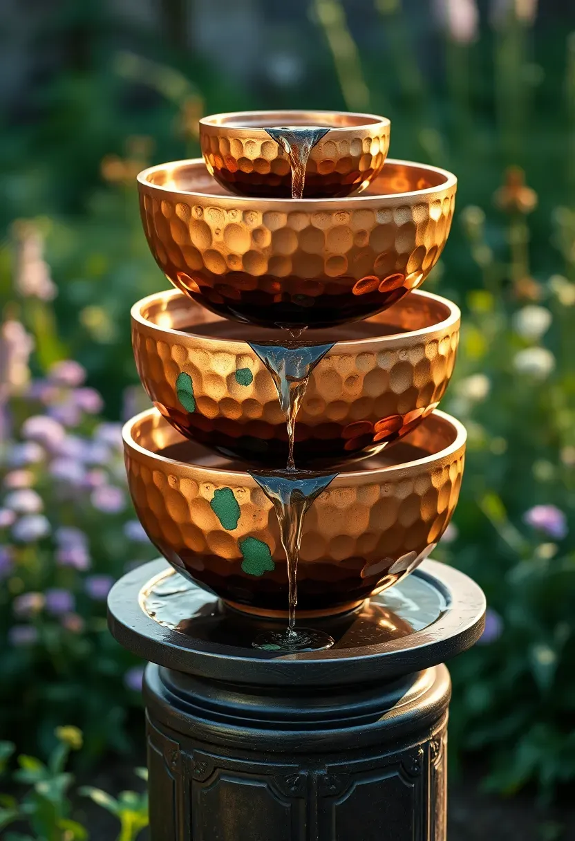 Three hammered copper bowls of decreasing size stacked on a pedestal with water cascading from one to the next in a garden setting