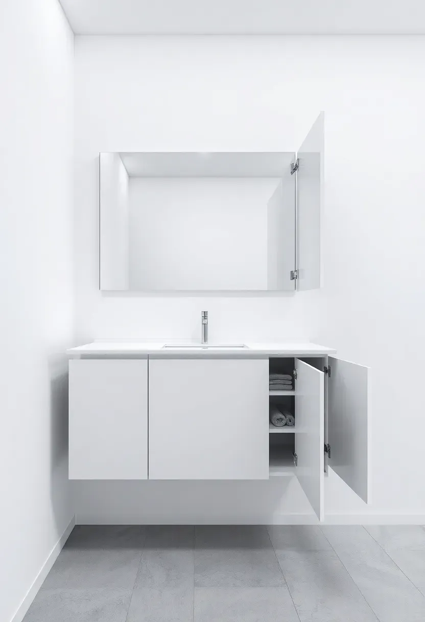 Sleek handleless bathroom cabinet with flat slab doors in matte white with push-to-open mechanism