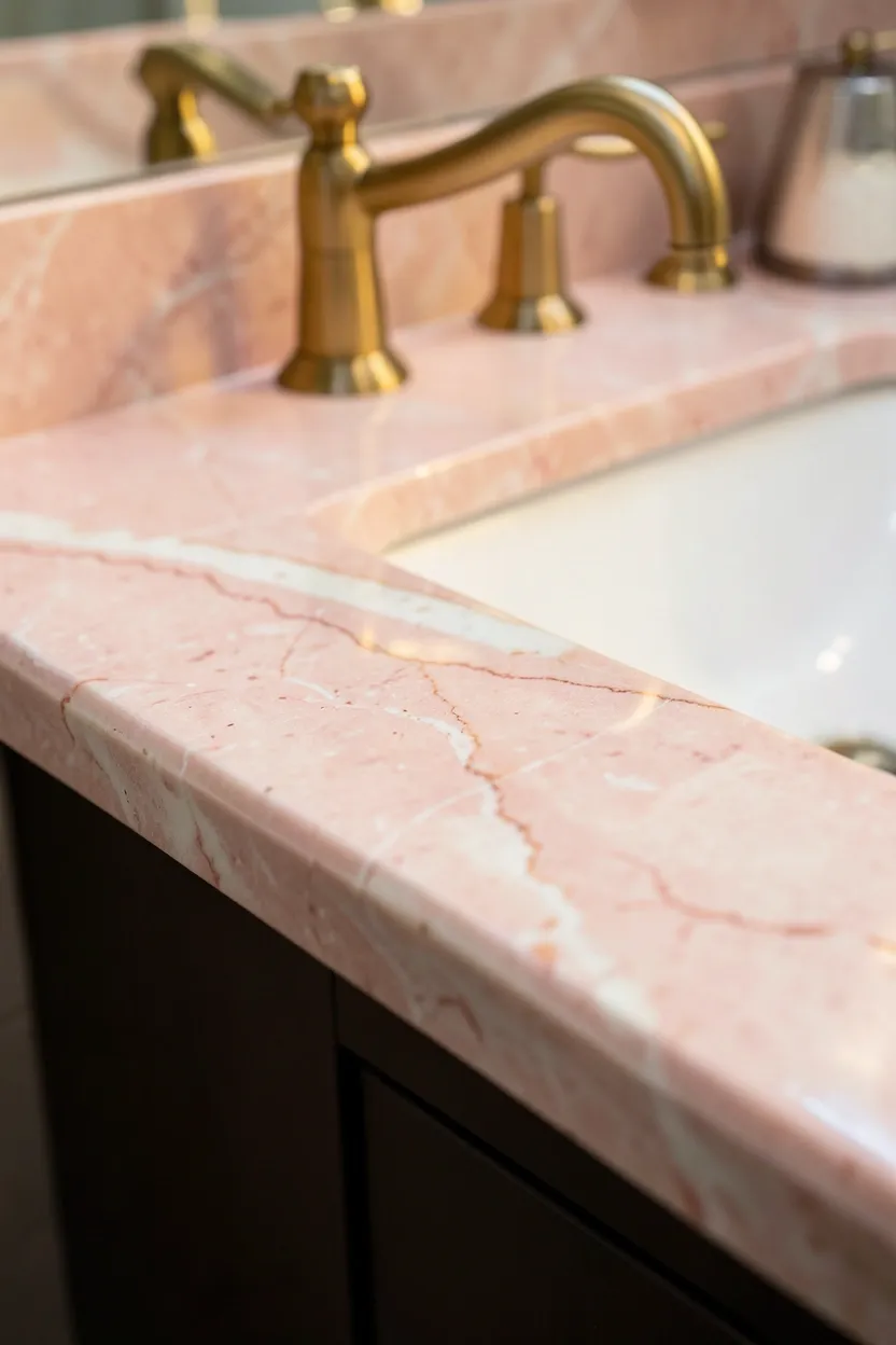 Pink marble vanity countertop with natural veining paired with white cabinets and brass faucet in an elegant bathroom