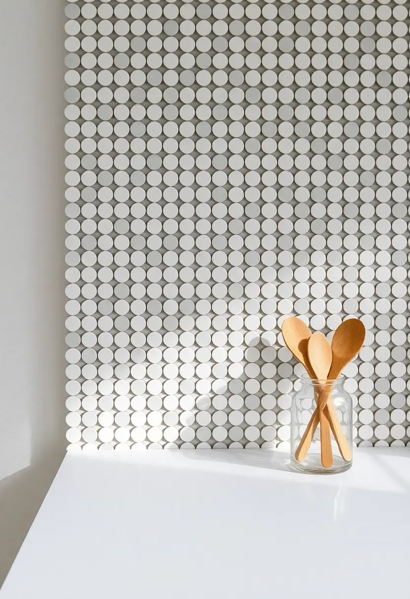 penny round mosaic tile backsplash in mixed white and gray tones in a modern kitchen