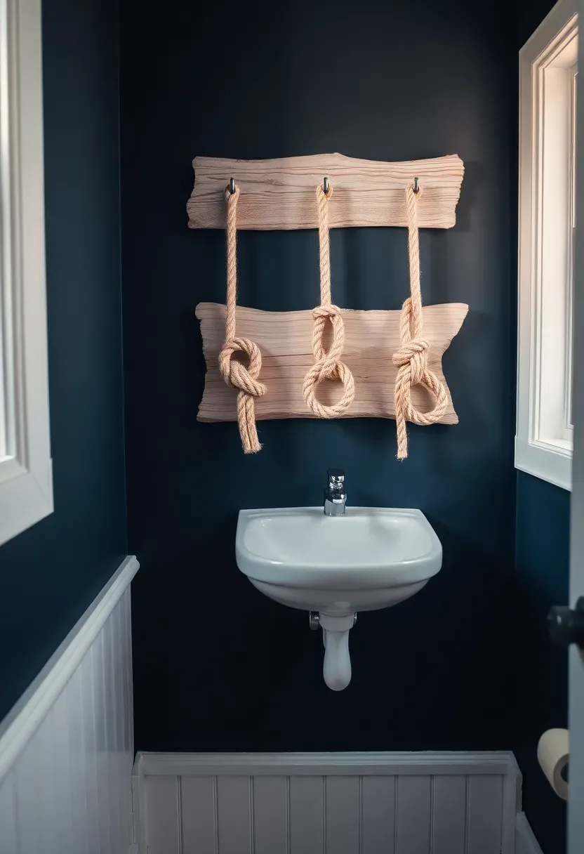 Coastal decorative rope knot board with three different sailor knots mounted on bleached driftwood against a navy bathroom wall