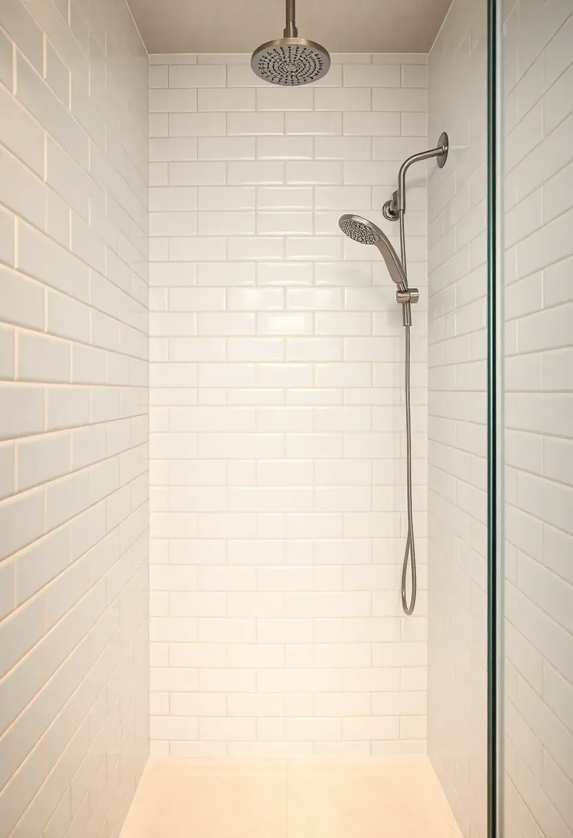 Shower enclosure with white subway tiles stacked vertically from floor to ceiling creating elongated visual lines