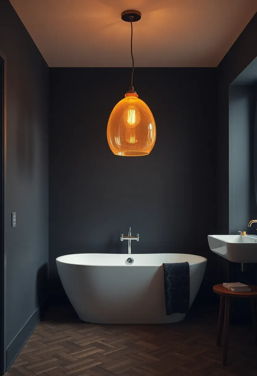Bold pendant light fixture hanging over a freestanding bathtub in a modern bathroom