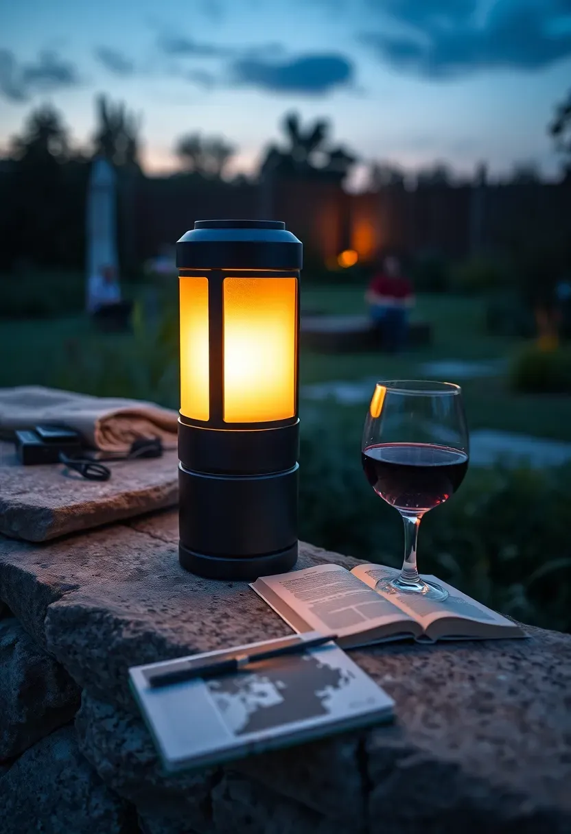 A portable rechargeable LED lantern with a warm amber glow sitting on a low stone garden wall next to a glass of wine at dusk