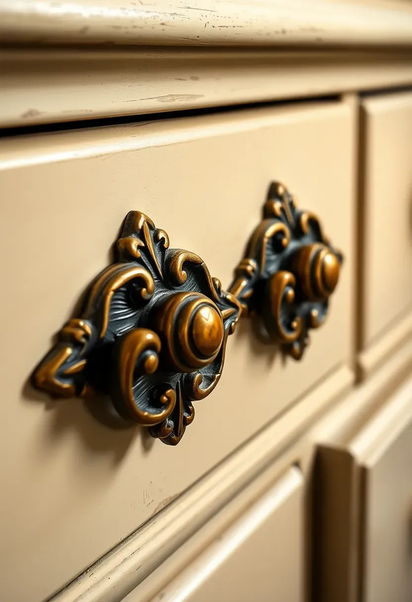 Close-up of antiqued brass drawer pulls with ornate scroll detailing installed on a chalk-painted cream dresser