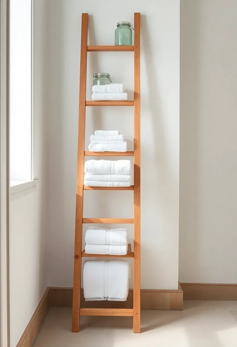 Rustic wood ladder leaning against bathroom wall with rolled towels and small plant — vertical storage idea for small bathrooms