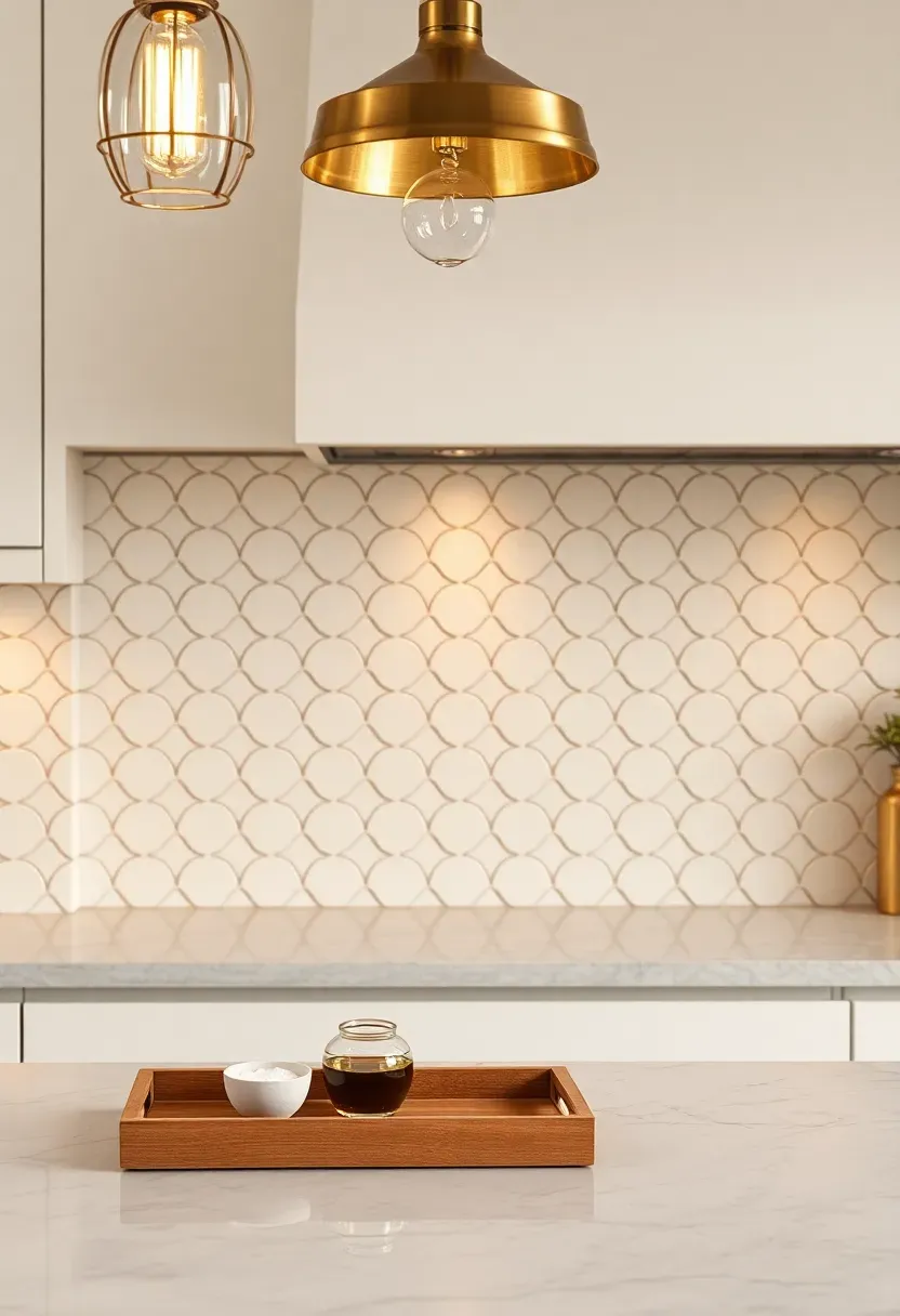 arabesque lantern tile backsplash in creamy white with warm gray grout behind a transitional kitchen with brass pendant lights