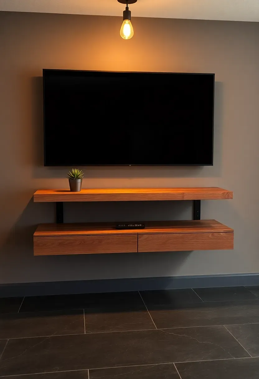 Floating wooden media console mounted below a wall TV in a basement with hidden cable management and minimal decor
