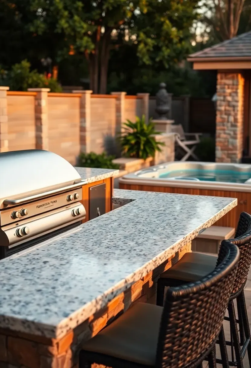 A backyard with a hot tub adjacent to an outdoor kitchen featuring a built-in grill stone countertop and bar seating facing the spa