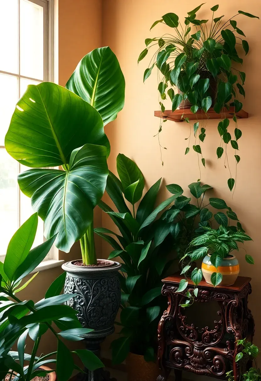 Verdant indoor plant arrangement in Art Nouveau interior with tropical ferns and orchids on carved wooden stands