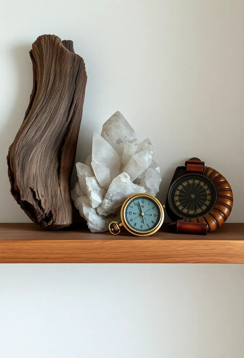 Hyper-realistic close-up view of curated oddities displayed on floating wood shelf. Materials: large piece of weathered driftwood with smooth worn surface, raw quartz crystal with natural points, vintage brass compass in worn leather case, fossilized ammonite shell. Oak shelf, white wall background. Soft directional light emphasizing each object's unique character. Natural curiosities arranged as studied collection.</p>