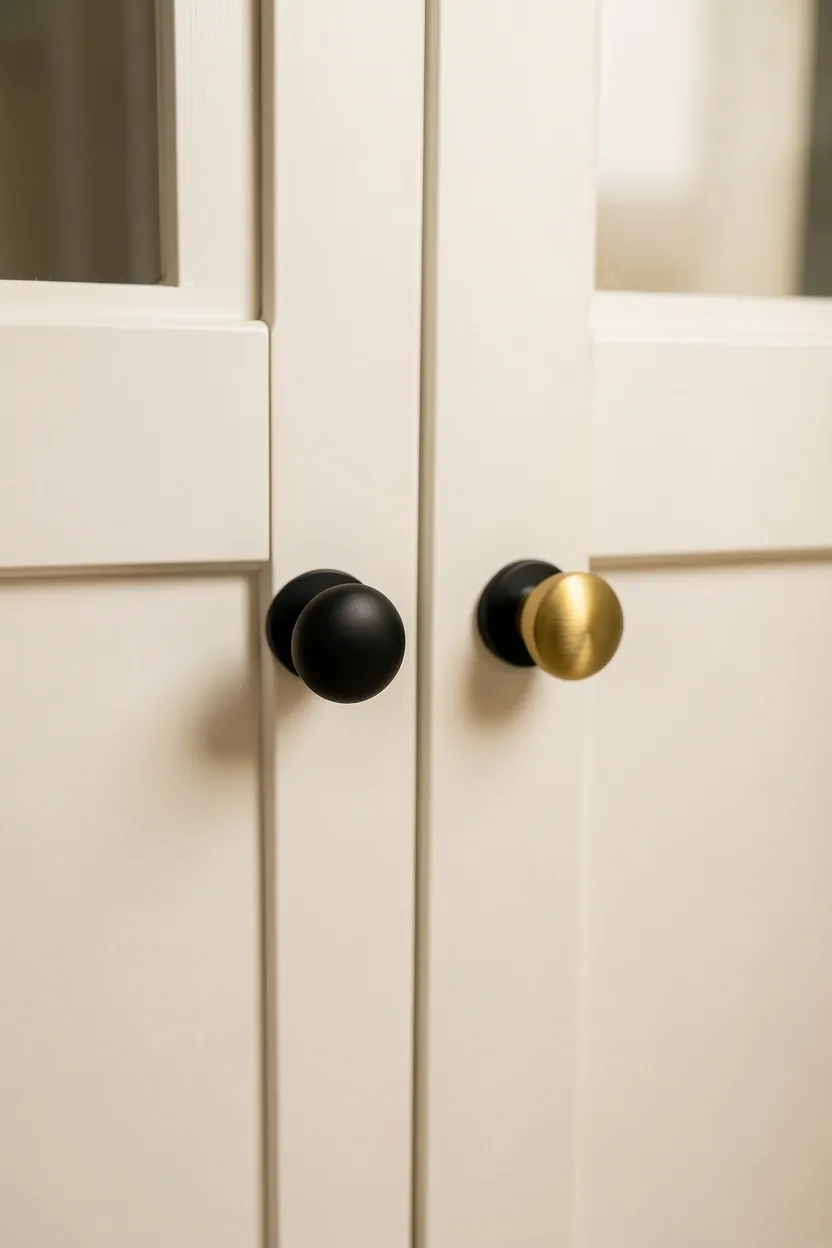 Brushed gold cabinet knobs and bar pulls on white bathroom vanity drawers — simple hardware swap that elevates the whole bathroom on a budget
