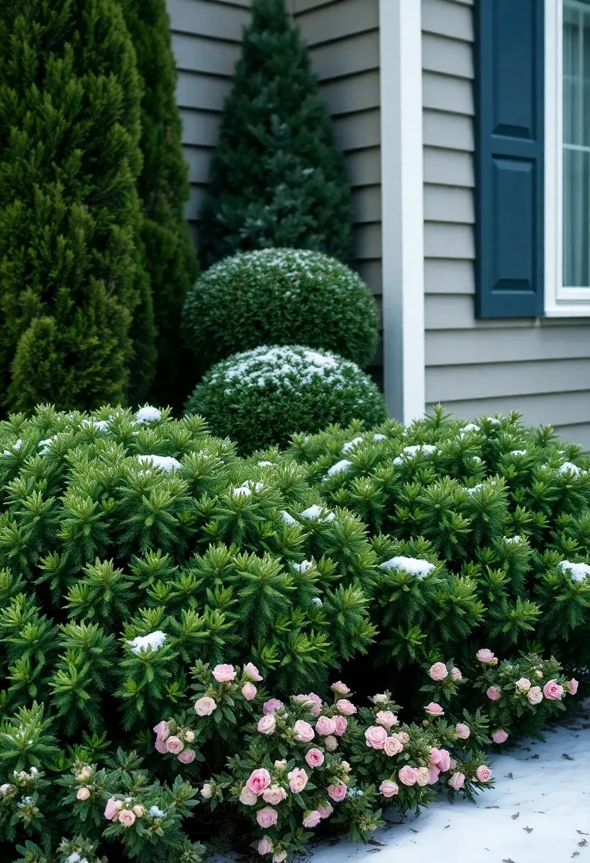 Evergreen foundation planting along a house wall with layered arborvitae, boxwood globes, dwarf spruce, and winter heath in a backyard with snow on the ground