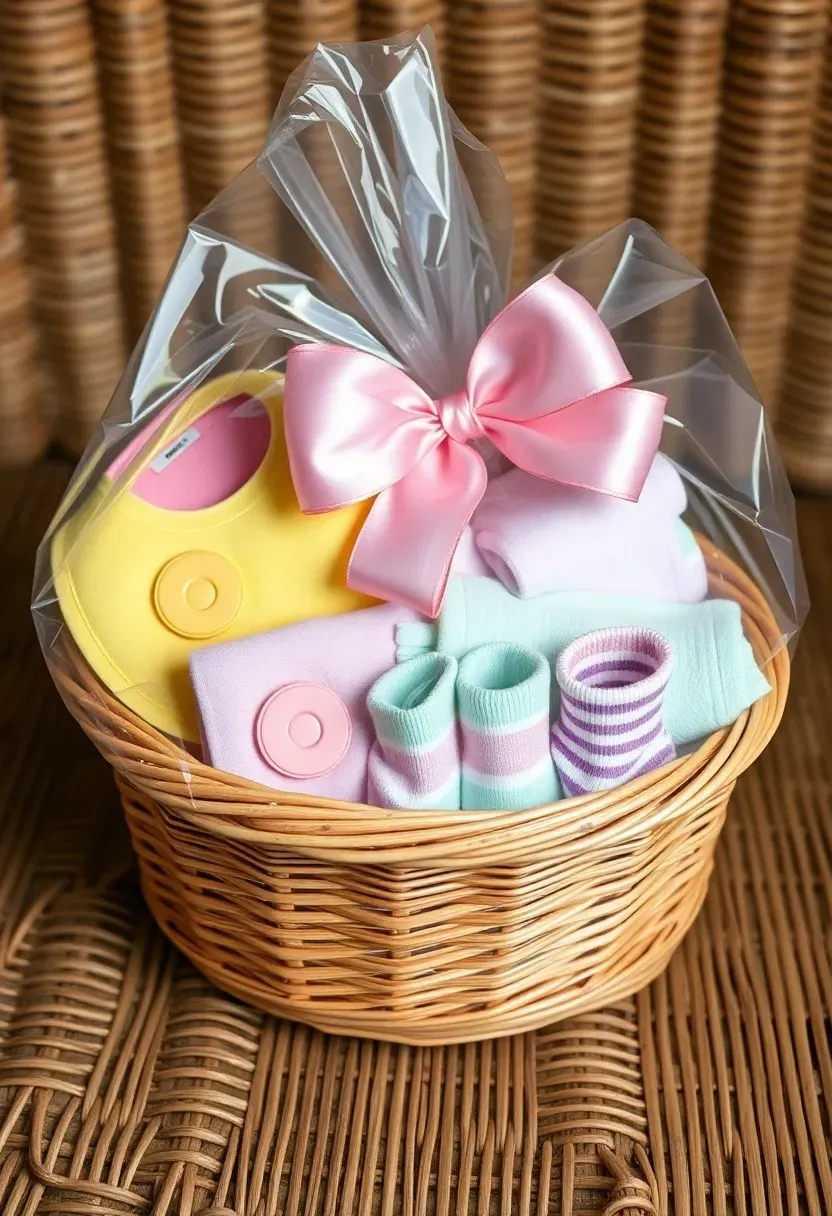 budget-friendly baby shower gift basket assembled from dollar store items with colorful bibs pacifiers washcloths and baby socks arranged in a decorated basket