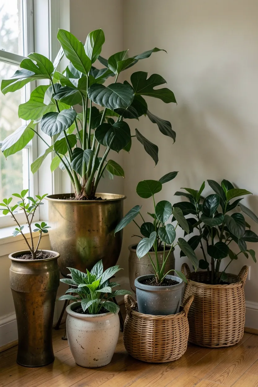 Grouping of lush houseplants in brass and earthy ceramic vintage planters beside a mid-century chair in a rental living room