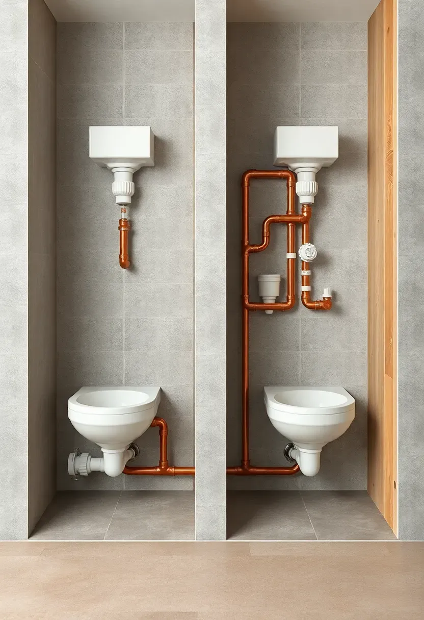 Two bathrooms sharing a common plumbing wall with back-to-back sink and toilet placement