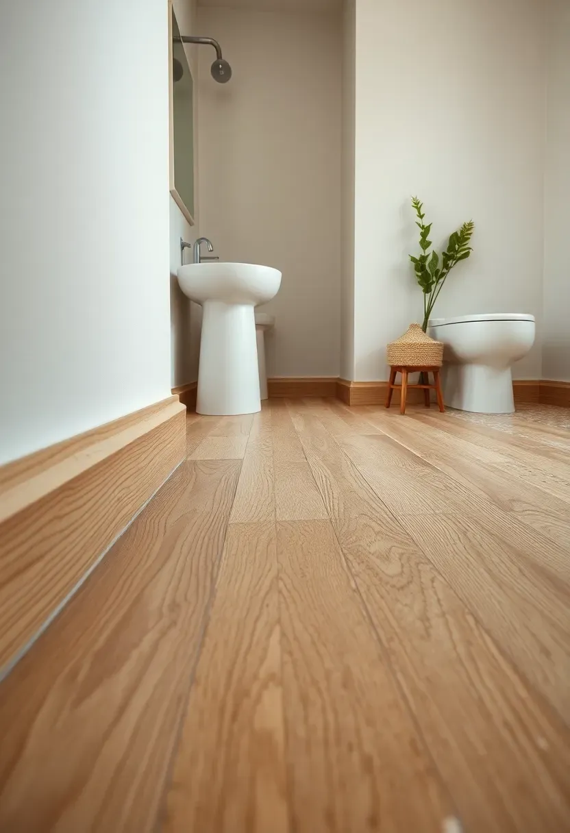 Quarter-sawn white oak baseboard with a natural matte finish in a modern bathroom with warm white walls and terrazzo floor