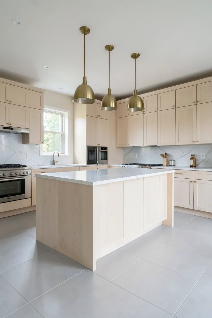 Hyper-realistic wide shot of a modern kitchen with white oak cabinets and large format flooring. White oak flat-panel cabinets throughout with visible natural grain. Floor covered in 24x24 inch large format light gray ceramic tiles with minimal grout lines creating seamless appearance. Large island in same white oak with waterfall edge. White marble countertop. Brass hardware on cabinets. Three brass pendant lights over island. Neutral walls. Natural light from windows reflects from large format floor. Clean surfaces. No text, no logos, no watermarks.</p>